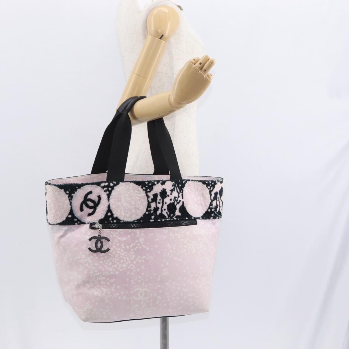 CHANEL Tote Bag Canvas Pink Silver CC Auth 158837