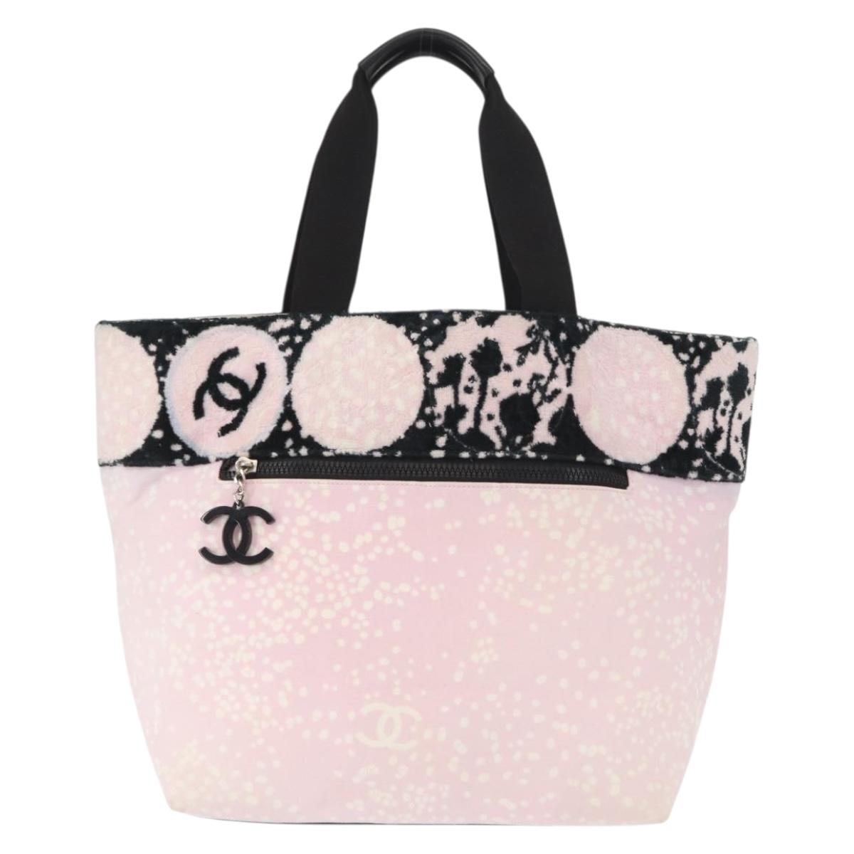 CHANEL Tote Bag Canvas Pink Silver CC Auth 158837