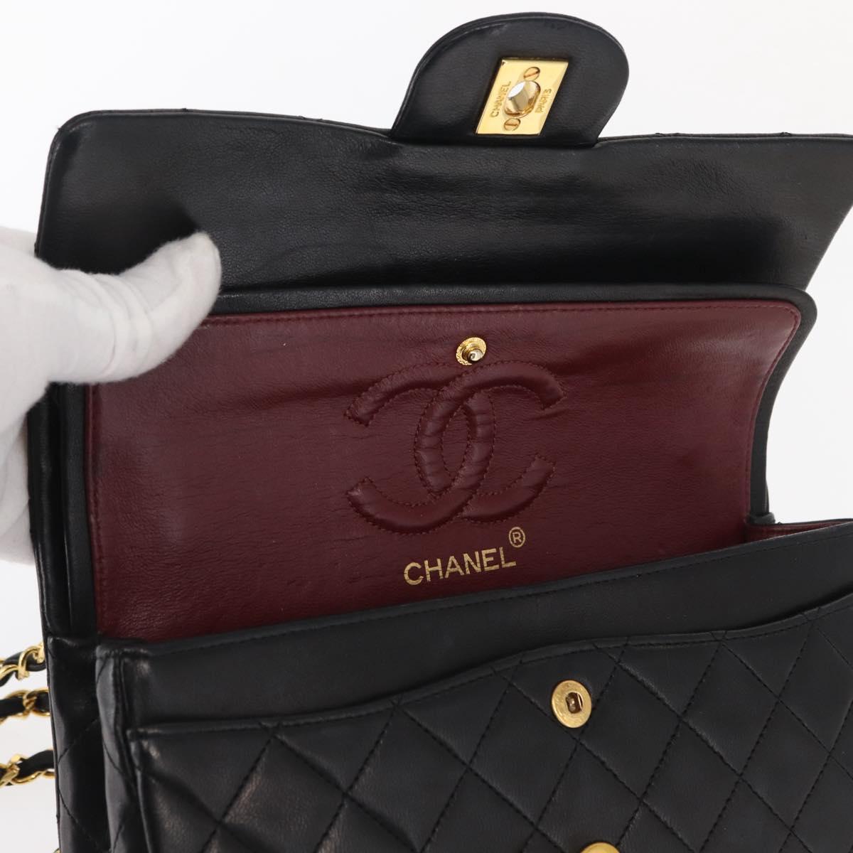 CHANEL Chain Double Flap Matelasse 23 Bag Lamb Skin Black Gold CC Auth 158862SM
