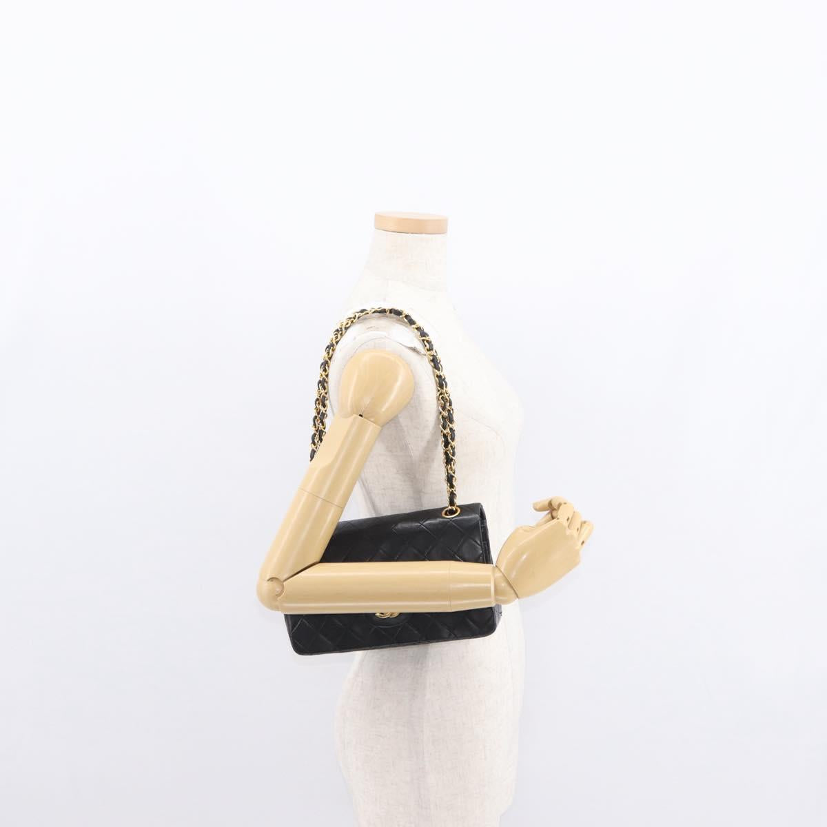 CHANEL Chain Double Flap Matelasse 23 Bag Lamb Skin Black Gold CC Auth 158862SM