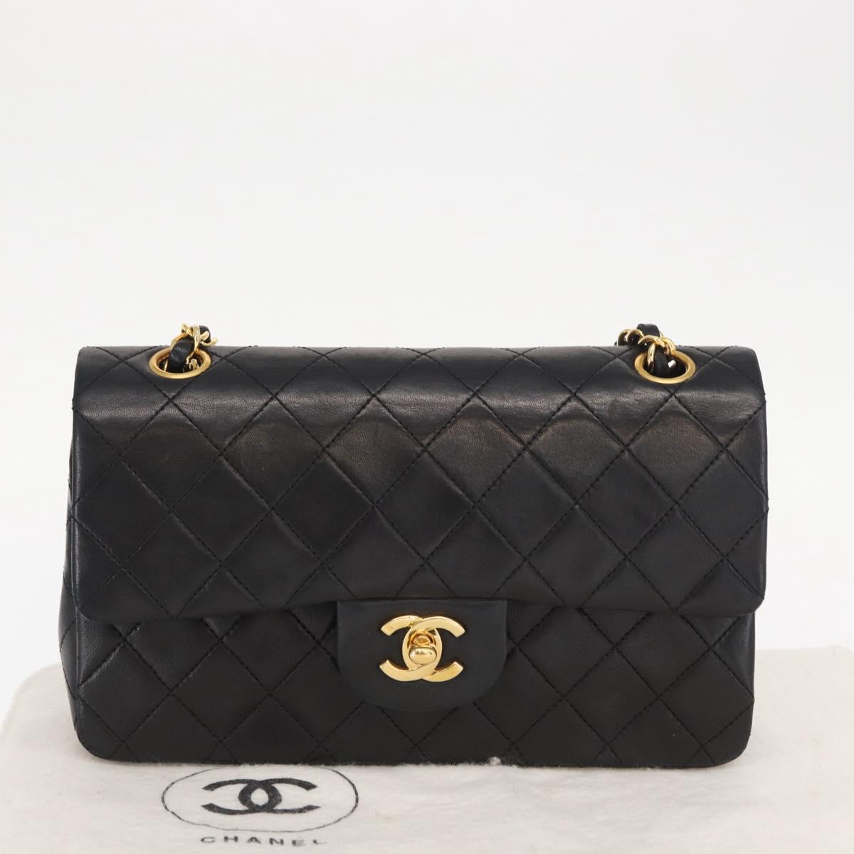 CHANEL Chain Double Flap Matelasse 23 Bag Lamb Skin Black Gold CC Auth 158862SM