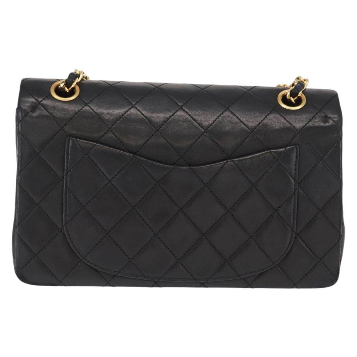 CHANEL Chain Double Flap Matelasse 23 Bag Lamb Skin Black Gold CC Auth 158862SM