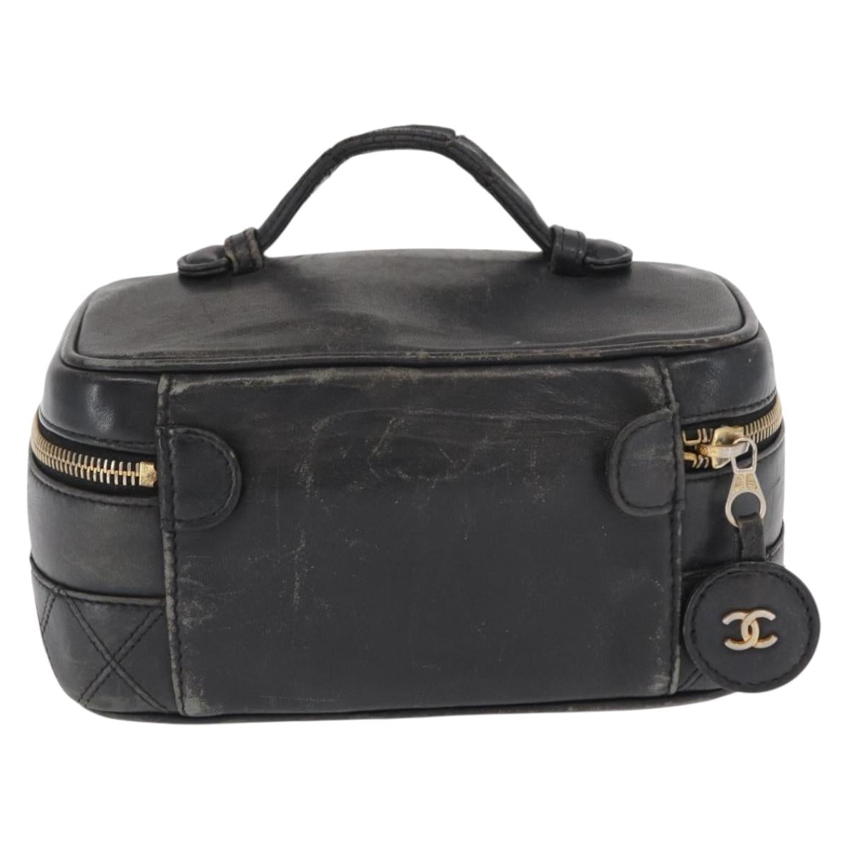 CHANEL Bicolore Vanity Hand Bag Lamb Skin Black Gold CC Auth 158864