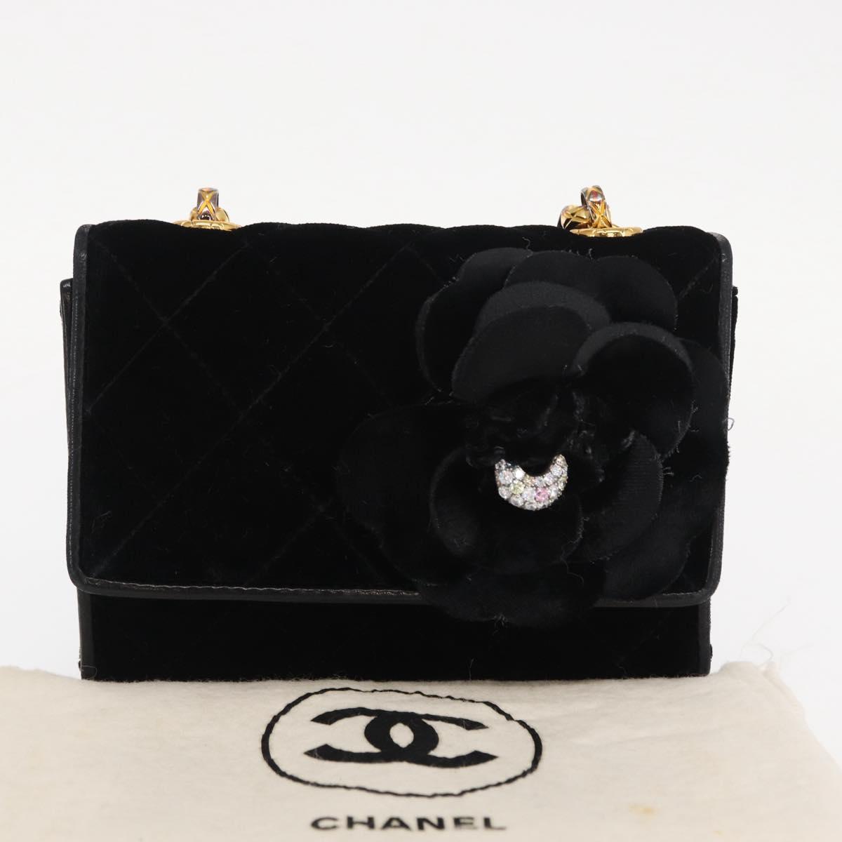 CHANEL Matelasse Chain Camelia Shoulder Bag Velor Black Gold CC Auth 158865V