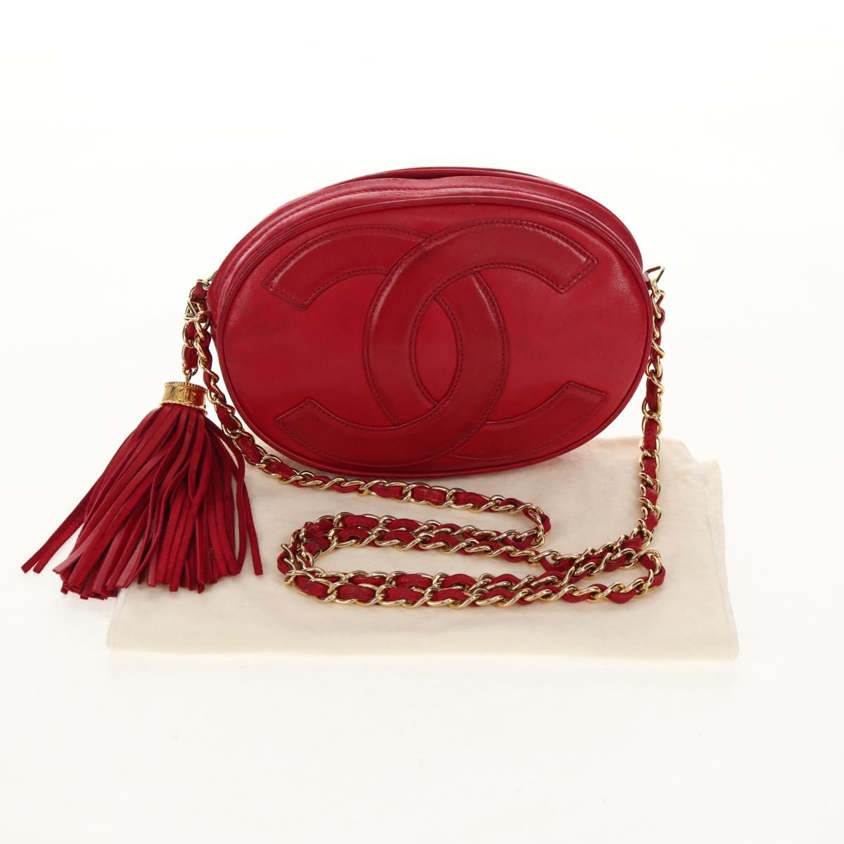 CHANEL Chain Shoulder Bag Lamb Skin Red Gold CC Auth 158878V