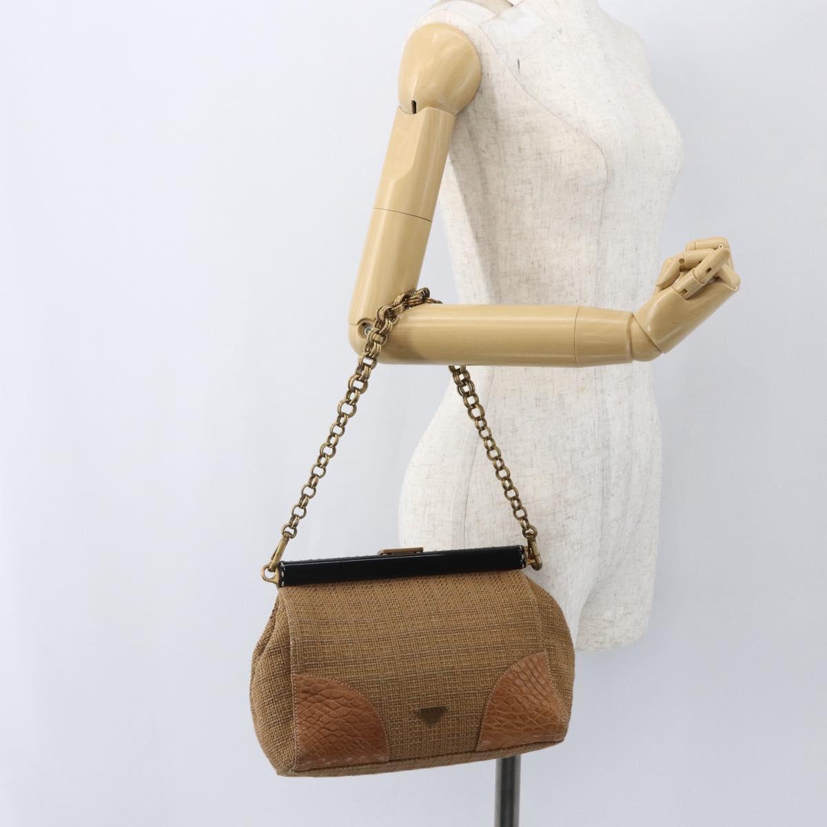 PRADA Chain Shoulder Bag Raffia Beige Gold Auth 158888SAV