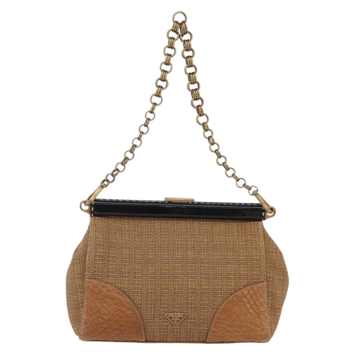 PRADA Chain Shoulder Bag Raffia Beige Gold Auth 158888SAV