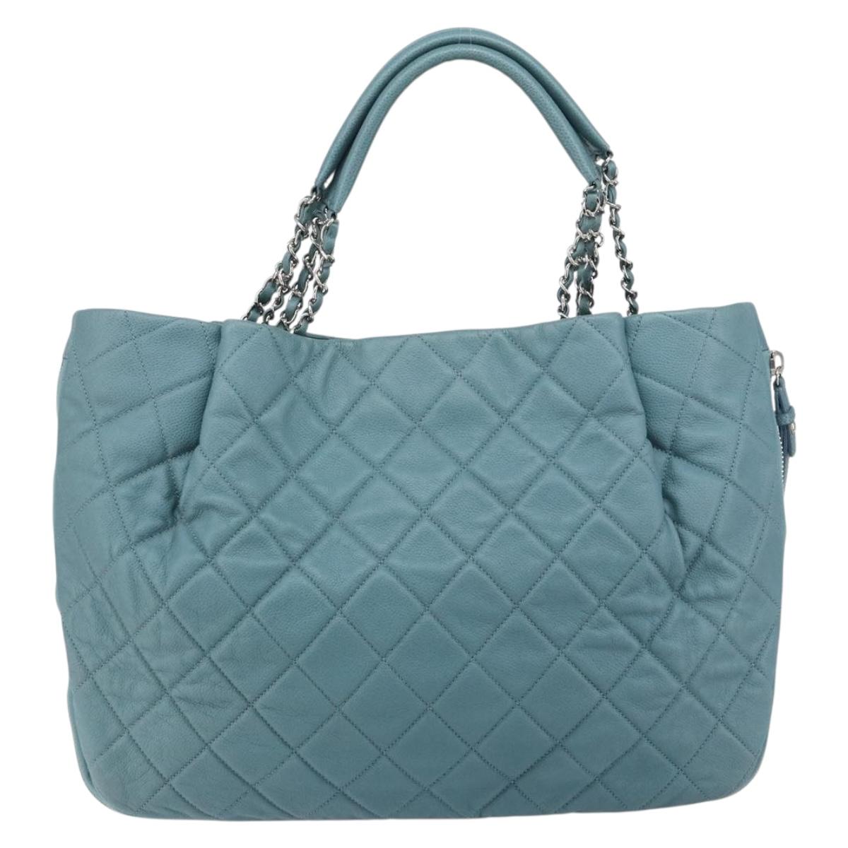 CHANEL Chain Shoulder Bag Caviar Skin Blue Silver CC Auth 158890V