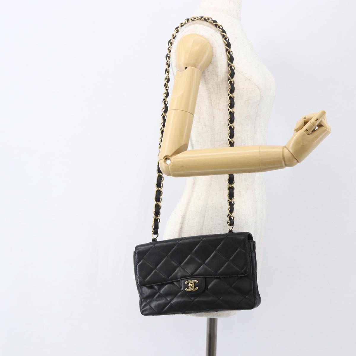 CHANEL Matelasse 25 Chain Shoulder Bag Lamb Skin Black Gold CC Auth 158905SAM