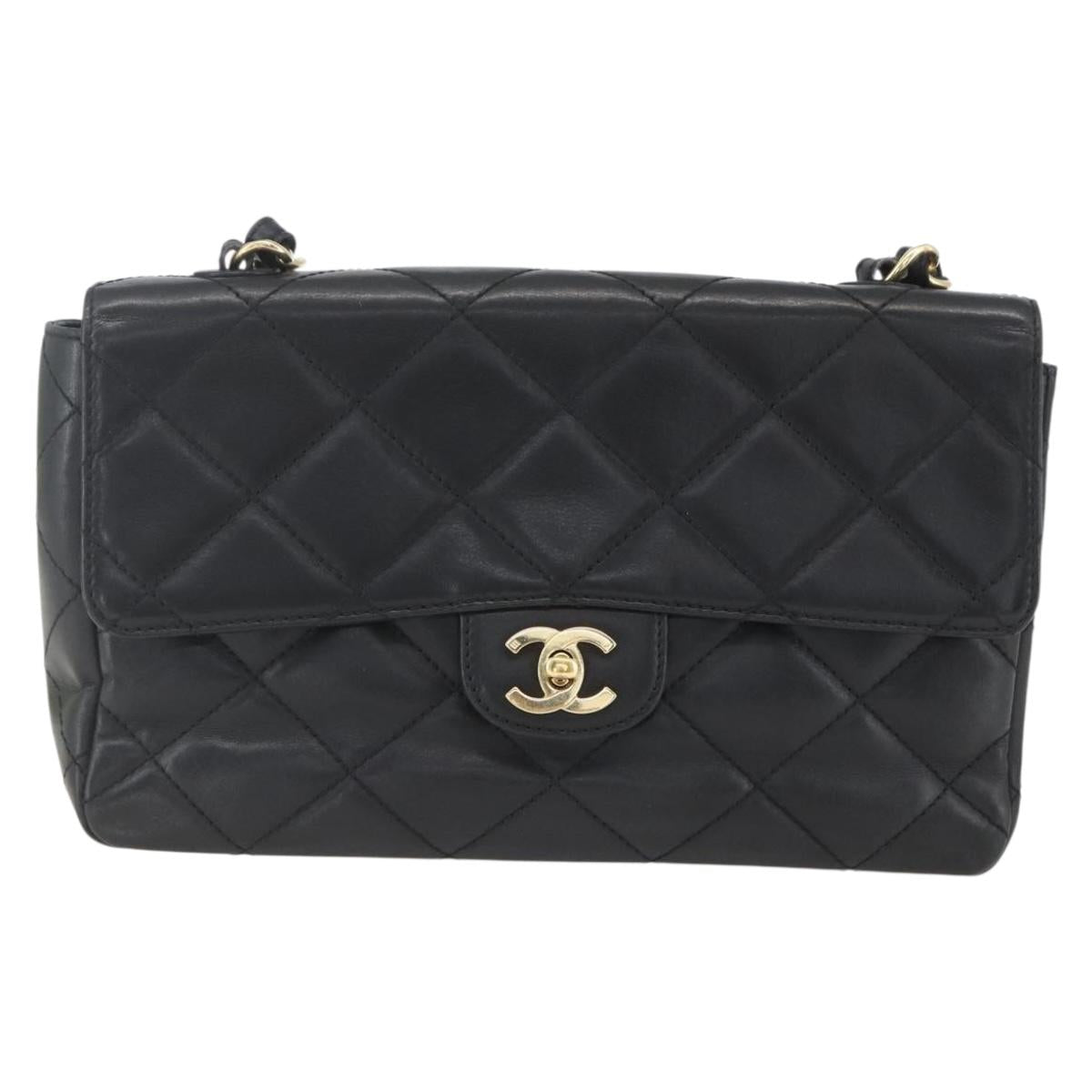 CHANEL Matelasse 25 Chain Shoulder Bag Lamb Skin Black Gold CC Auth 158905SAM