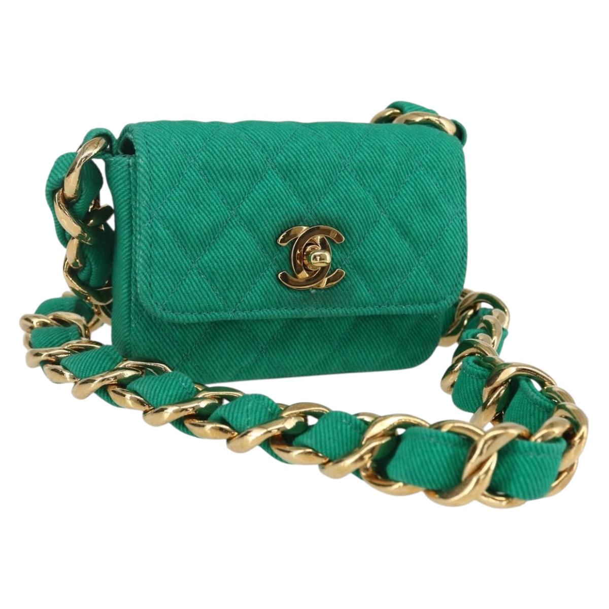 CHANEL Chain Mini Matelasse 11 Shoulder Bag Canvas Green Gold CC Auth 158908SM