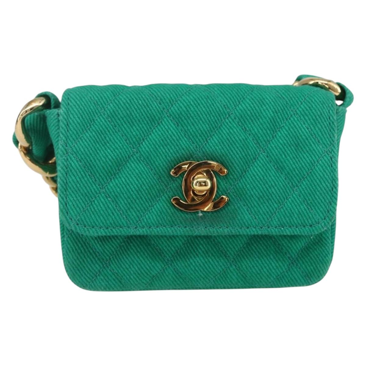 CHANEL Chain Mini Matelasse 11 Shoulder Bag Canvas Green Gold CC Auth 158908SM
