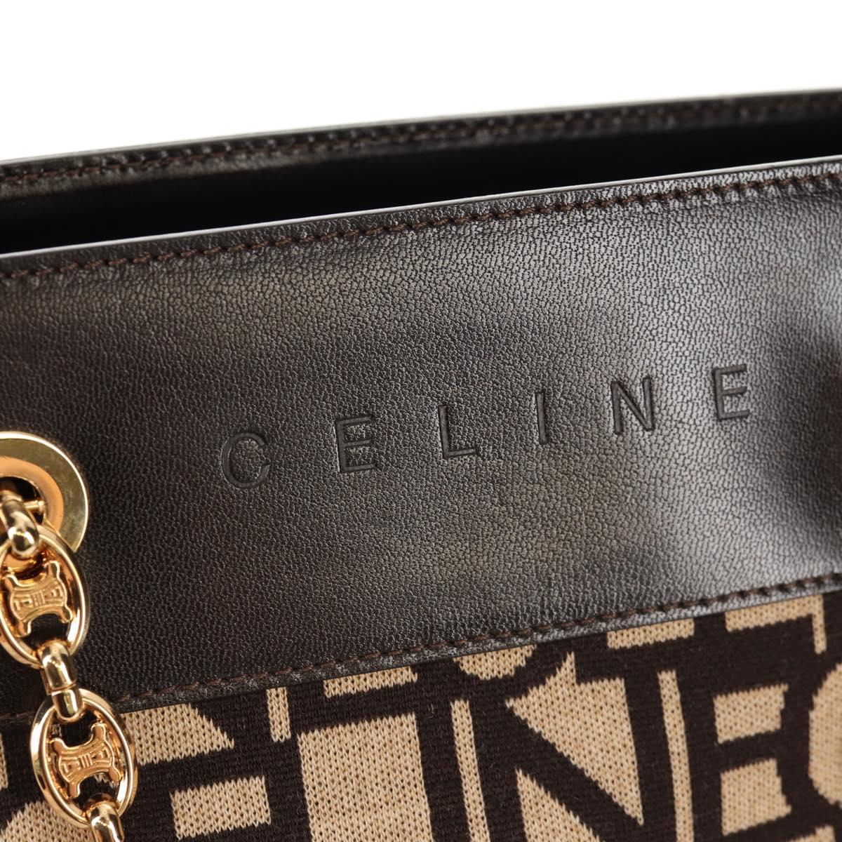CELINE Blazon Chain Shoulder Bag Canvas Brown Gold Auth 158910V