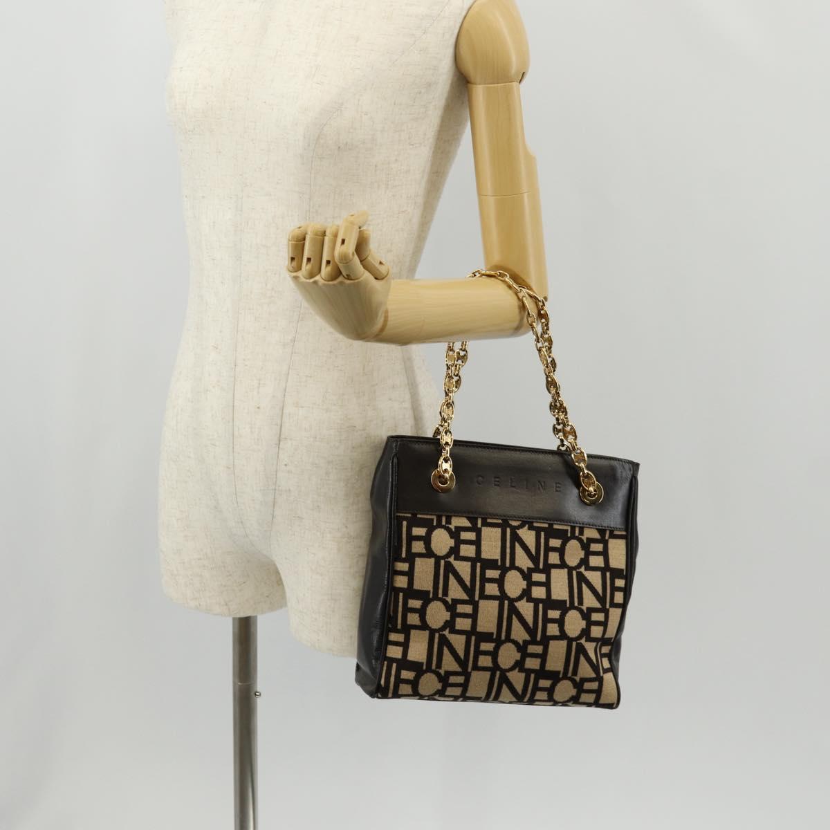 CELINE Blazon Chain Shoulder Bag Canvas Brown Gold Auth 158910V