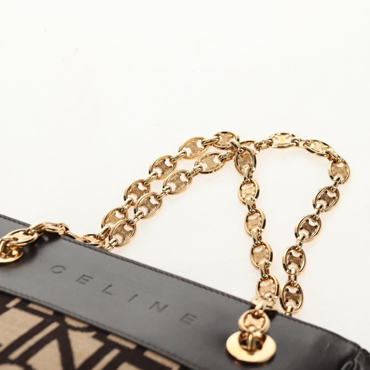 CELINE Blazon Chain Shoulder Bag Canvas Brown Gold Auth 158910V