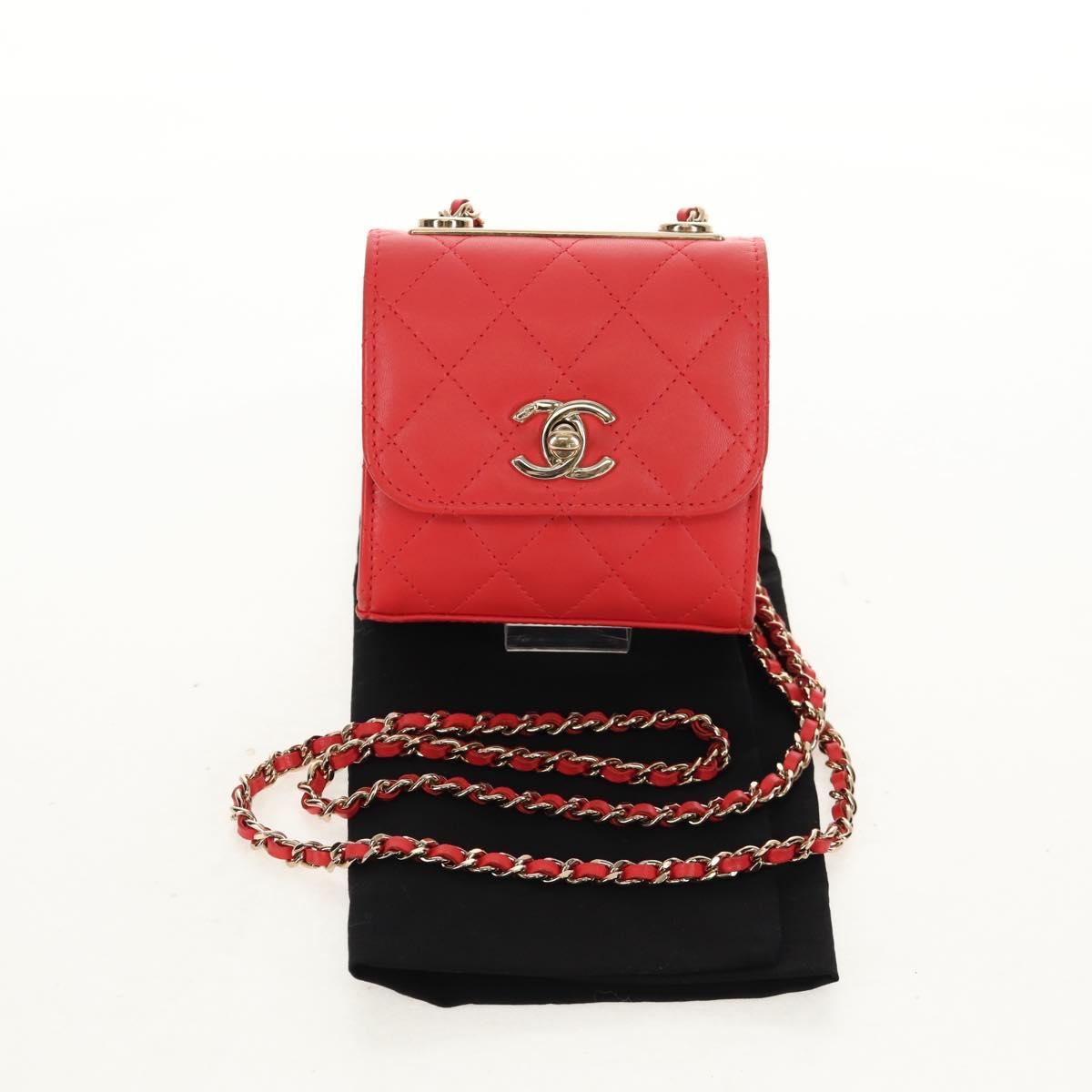 CHANEL Matelasse Chain Shoulder Bag Lamb Skin Red Gold CC Auth 158913SAM