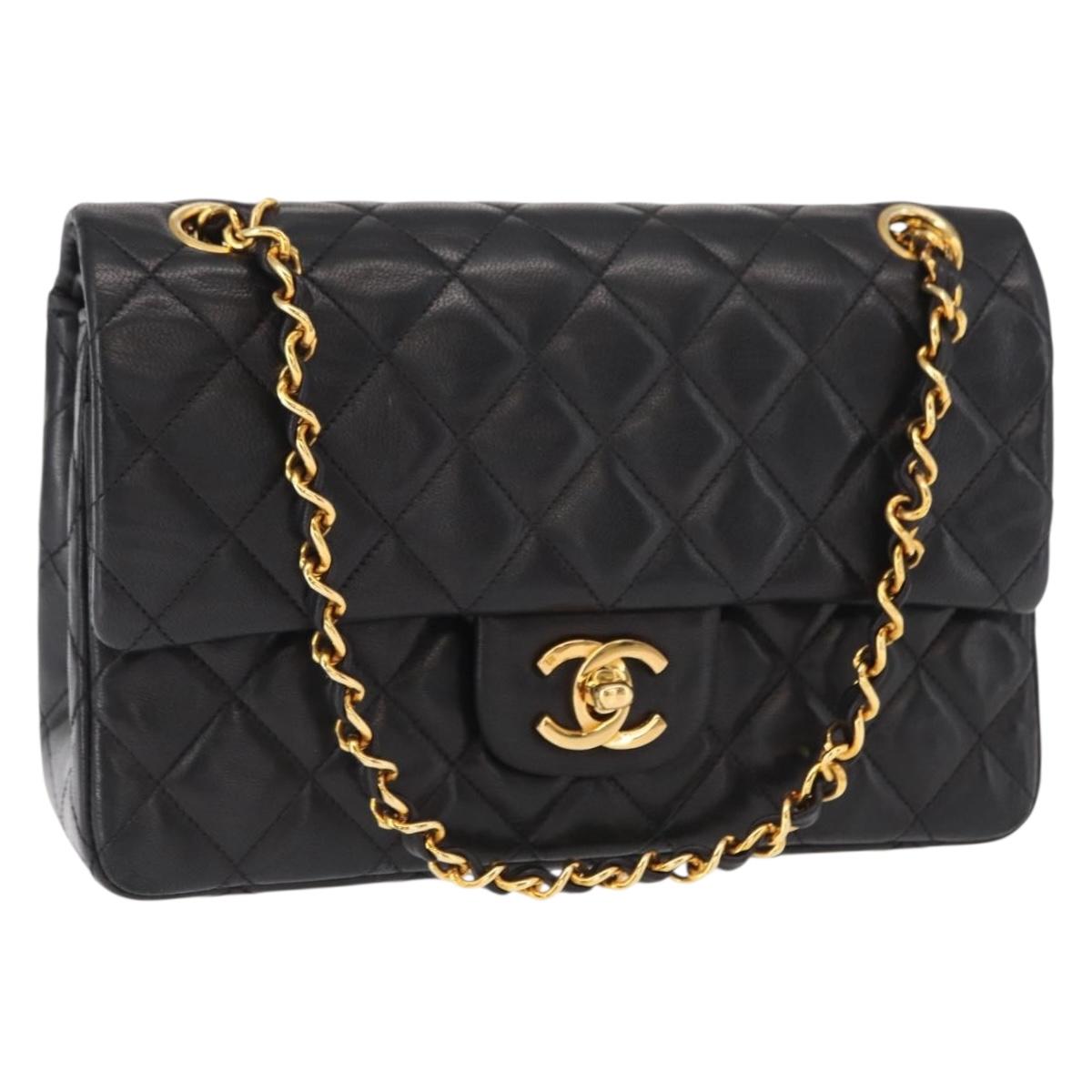 CHANEL Matelasse 23 Chain Shoulder Bag Lamb Skin Black Gold CC Auth 158930V