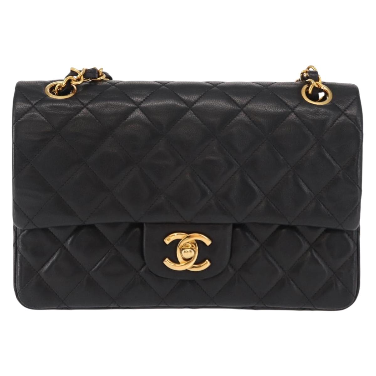 CHANEL Matelasse 23 Chain Shoulder Bag Lamb Skin Black Gold CC Auth 158930V