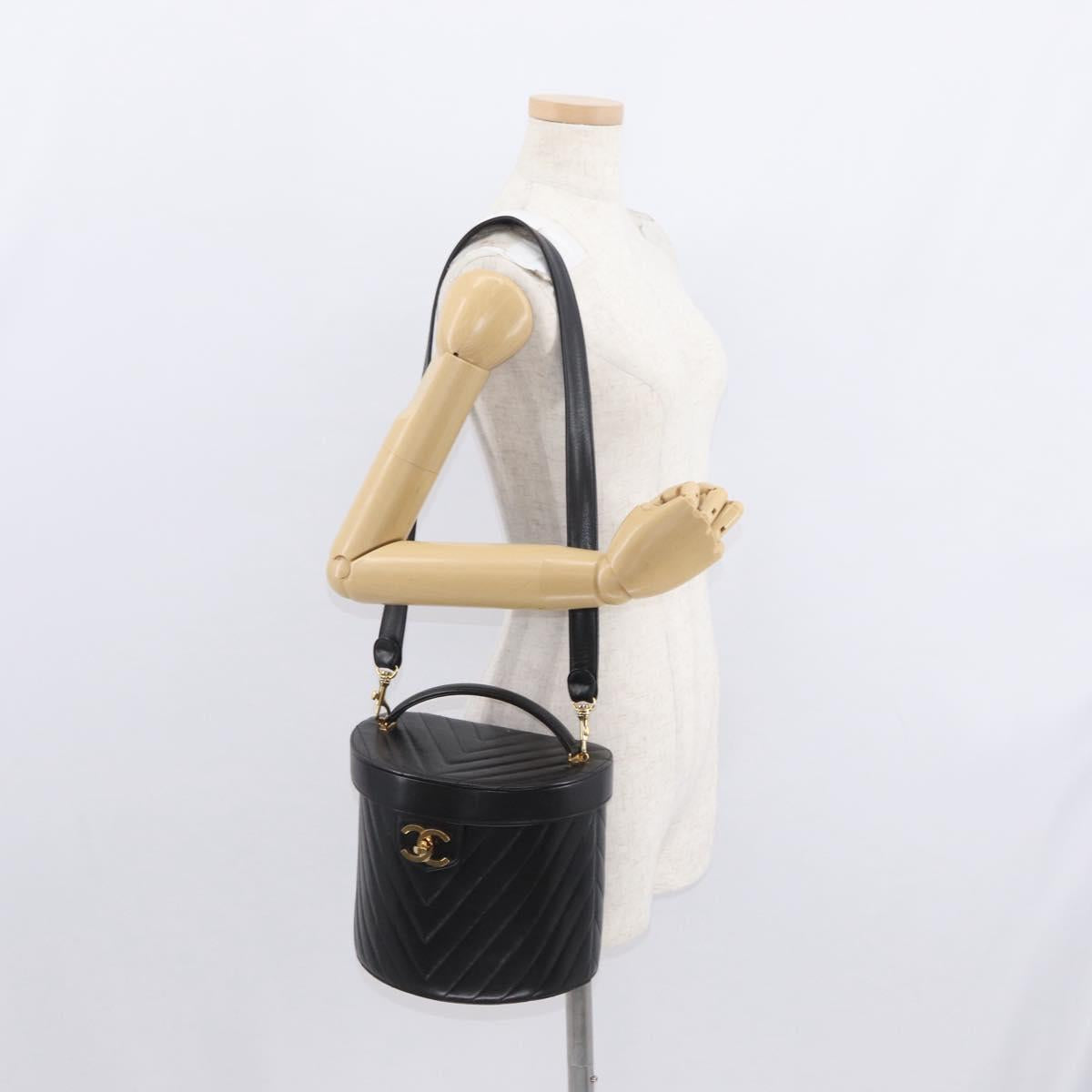 CHANEL V Stitch Vanity Hand Bag Lamb Skin 2way Black Gold CC Auth 158944SAV
