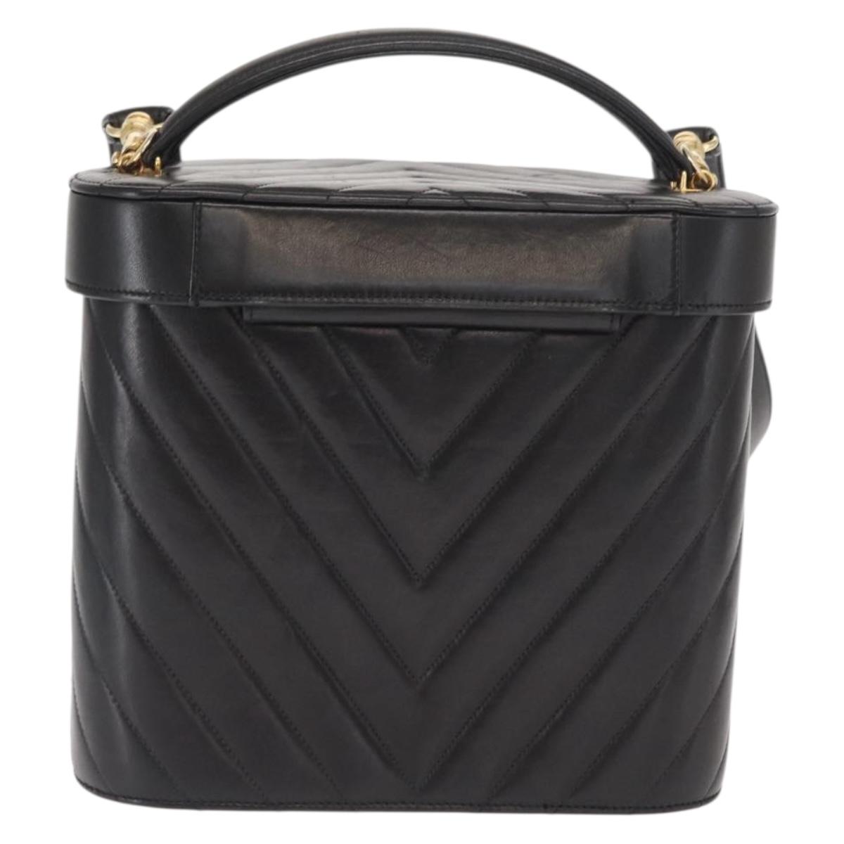 CHANEL V Stitch Vanity Hand Bag Lamb Skin 2way Black Gold CC Auth 158944SAV