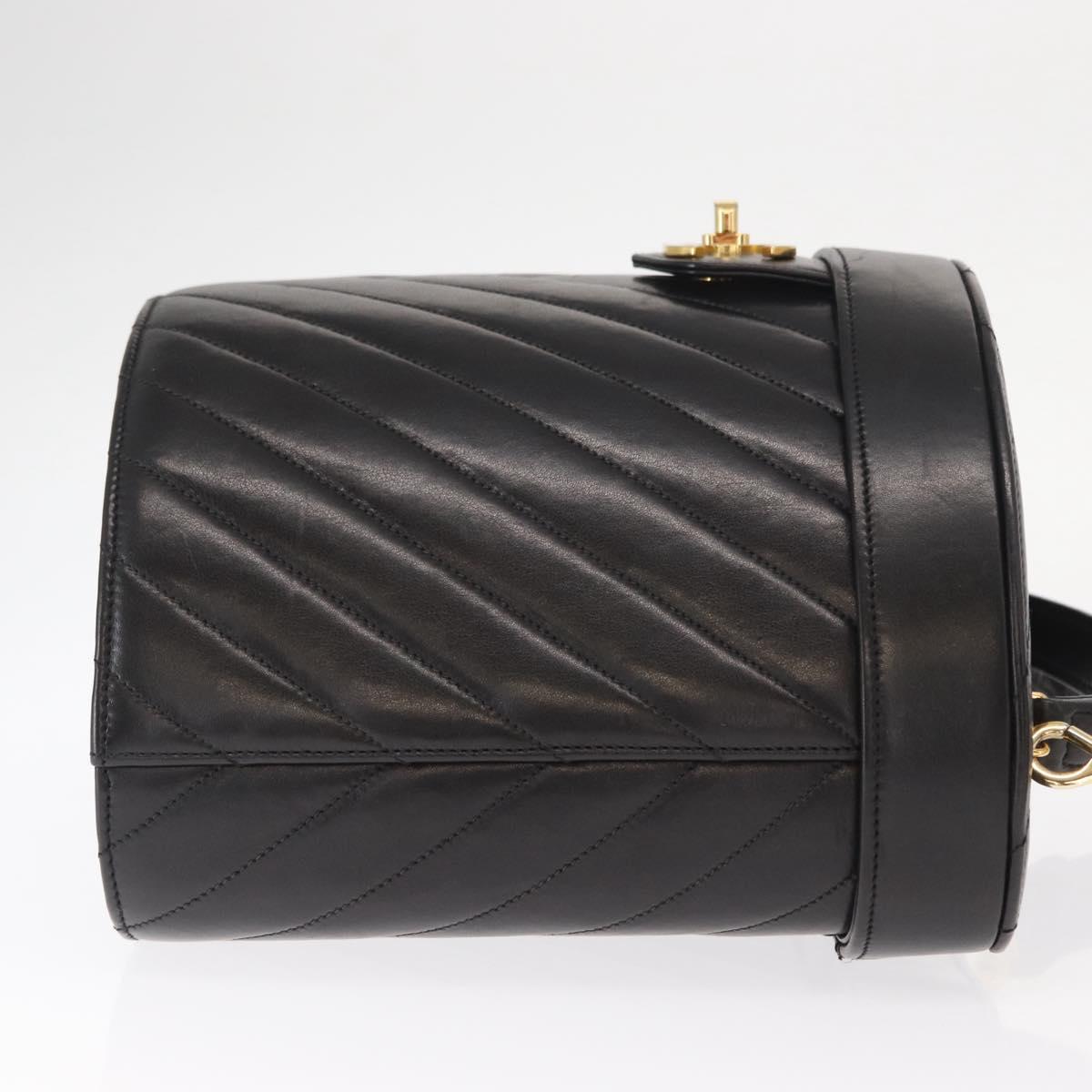 CHANEL V Stitch Vanity Hand Bag Lamb Skin 2way Black Gold CC Auth 158944SAV