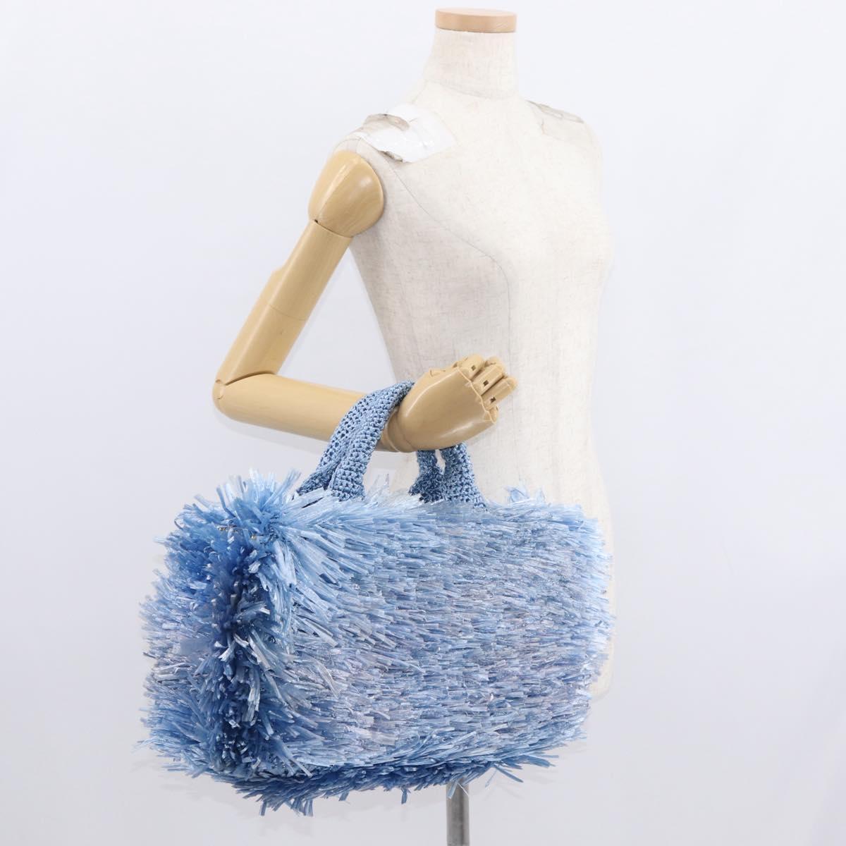 PRADA Hand Bag Raffia Blue Gold Auth 158947V