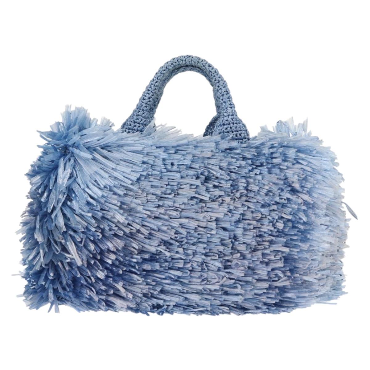 PRADA Hand Bag Raffia Blue Gold Auth 158947V