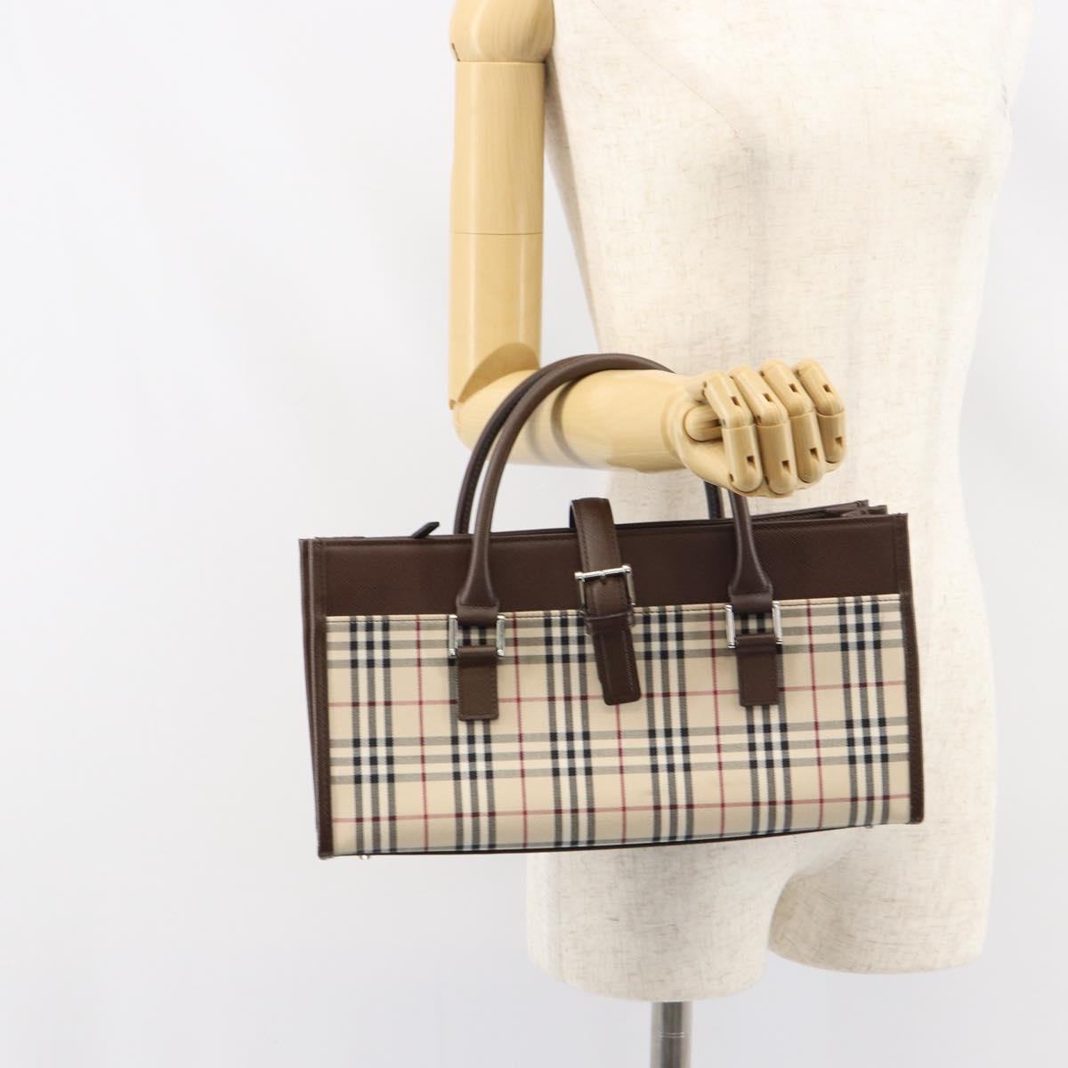 BURBERRY Nova Check Hand Bag Canvas Beige Silver Auth 158957A