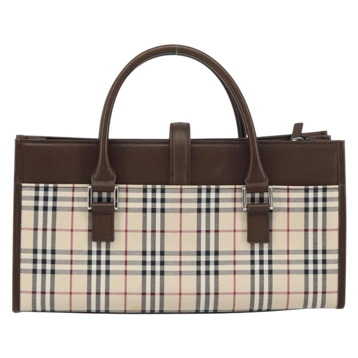 BURBERRY Nova Check Hand Bag Canvas Beige Silver Auth 158957A
