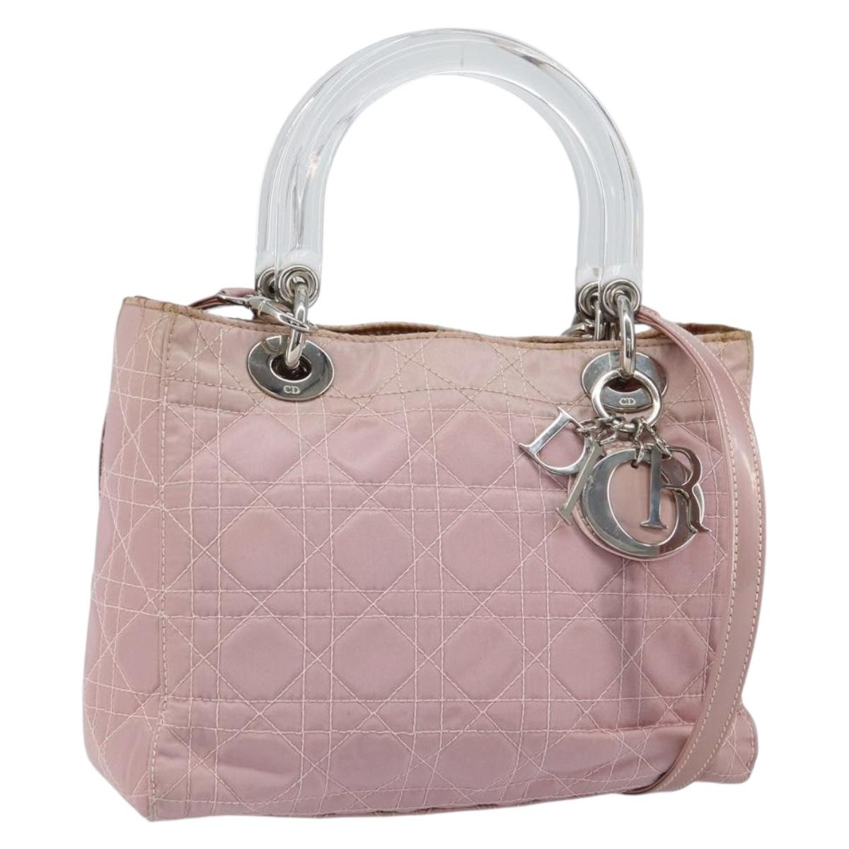 Christian Dior Lady Dior Canage Hand Bag Nylon 2way Pink Silver Auth 158969