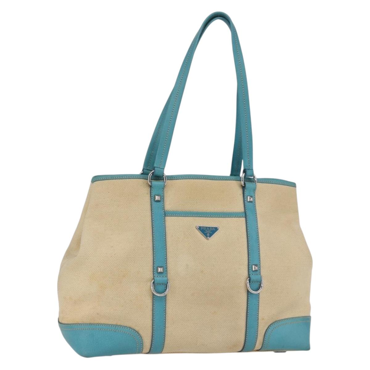 PRADA Tote Bag Canvas Beige Silver Auth 158995