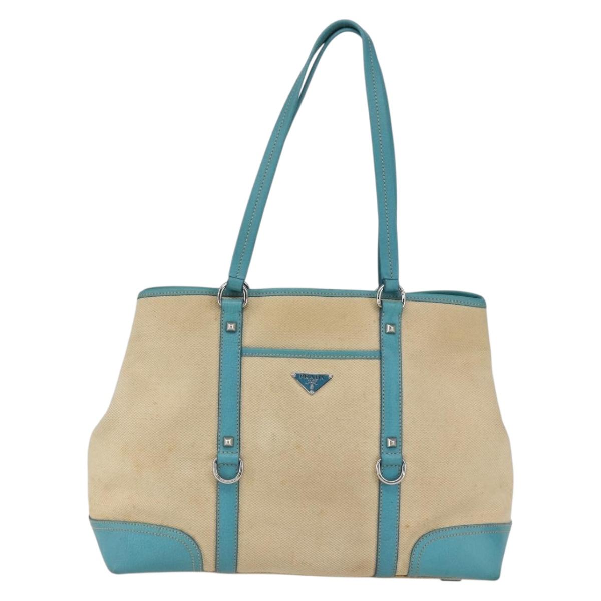 PRADA Tote Bag Canvas Beige Silver Auth 158995