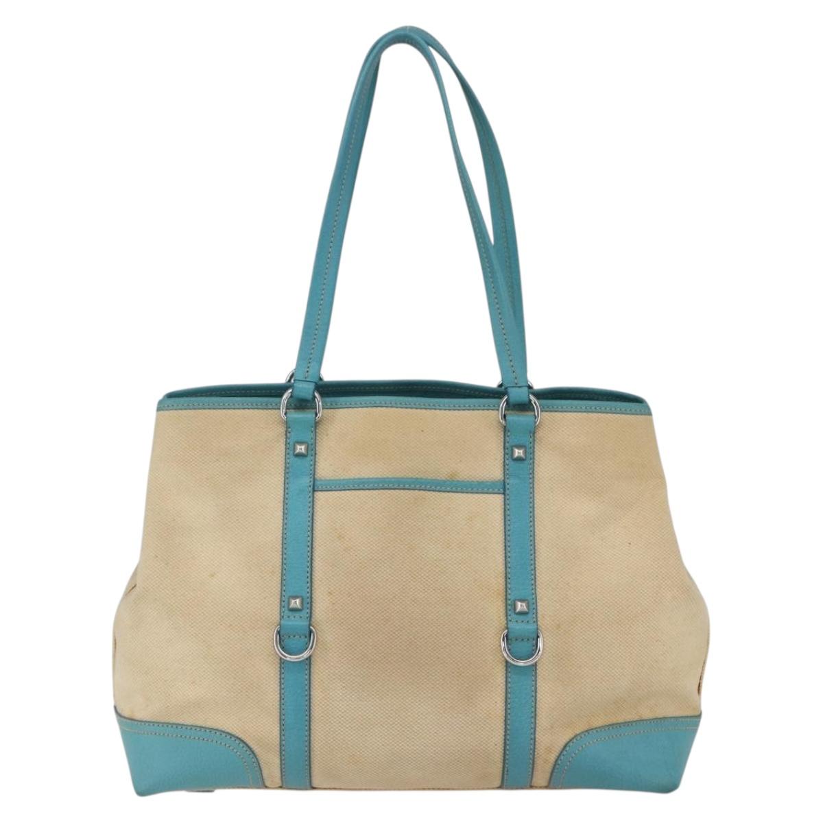 PRADA Tote Bag Canvas Beige Silver Auth 158995
