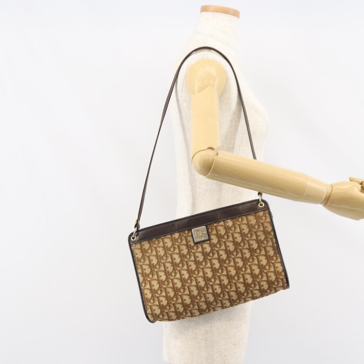 Christian Dior Trotter Canvas Shoulder Bag Beige Gold Auth 159028