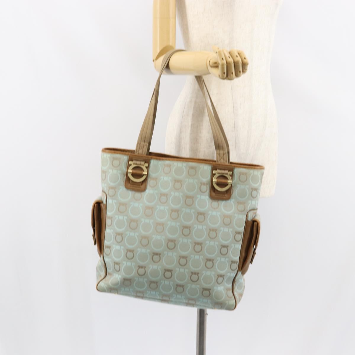 Salvatore Ferragamo Gancini Tote Bag Canvas Light Blue Gold Auth 159039