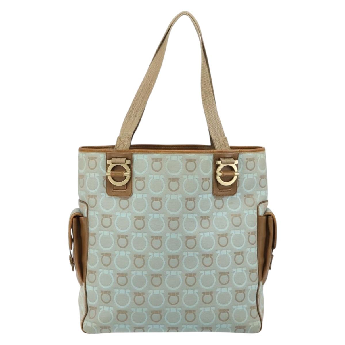 Salvatore Ferragamo Gancini Tote Bag Canvas Light Blue Gold Auth 159039