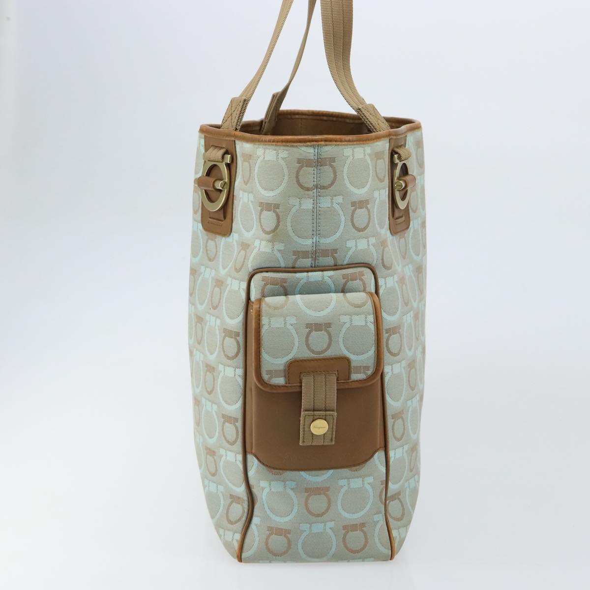 Salvatore Ferragamo Gancini Tote Bag Canvas Light Blue Gold Auth 159039