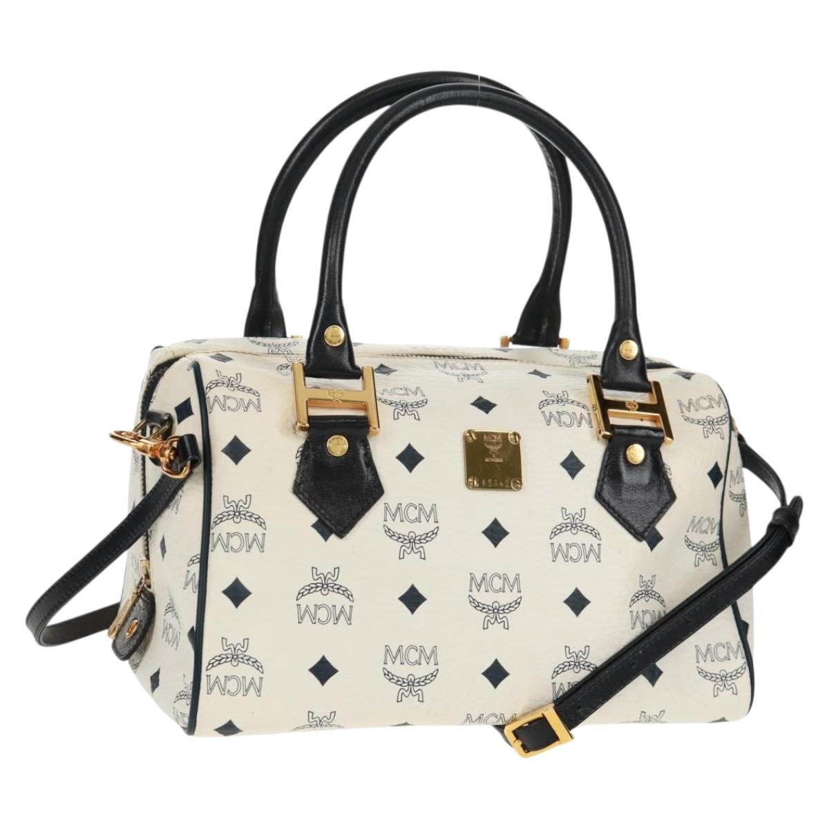MCM Logogram Vicetos Boston Bag PVC Leather 2way White Gold Auth 159053