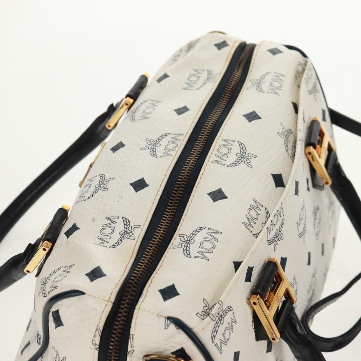 MCM Logogram Vicetos Boston Bag PVC Leather 2way White Gold Auth 159053