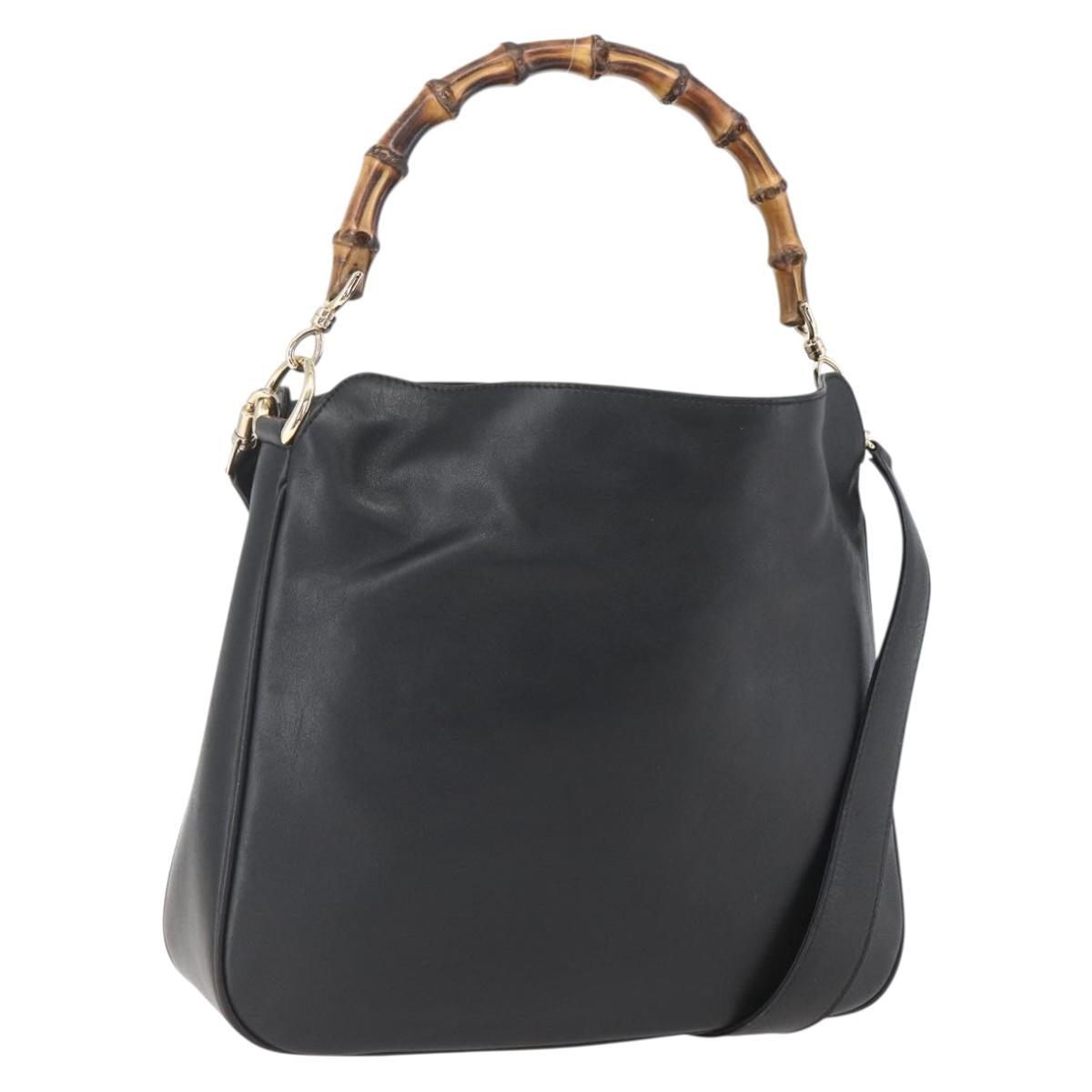 GUCCI Bamboo Hand Bag Leather 2way Black Gold 001 1638 Auth 159054
