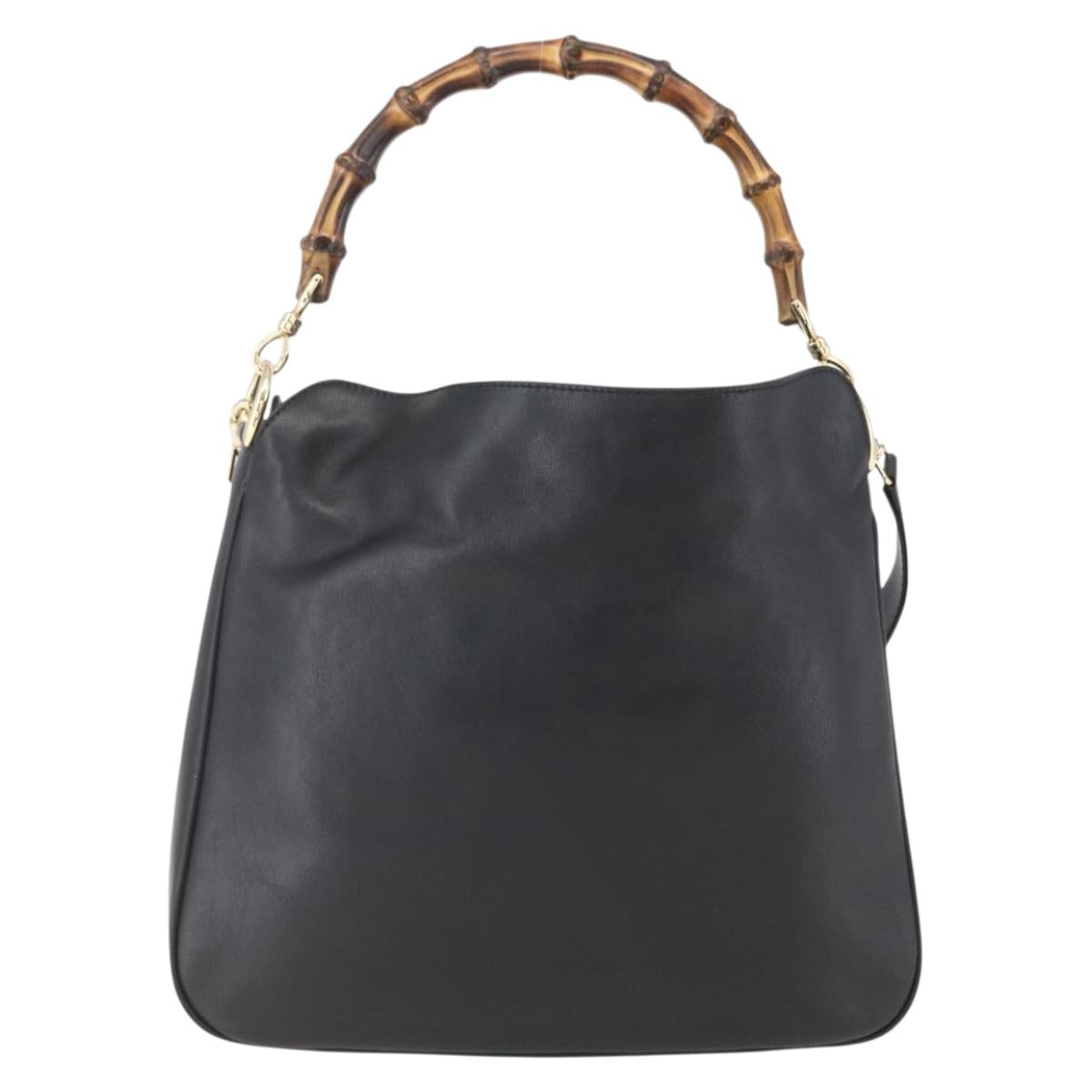 GUCCI Bamboo Hand Bag Leather 2way Black Gold 001 1638 Auth 159054