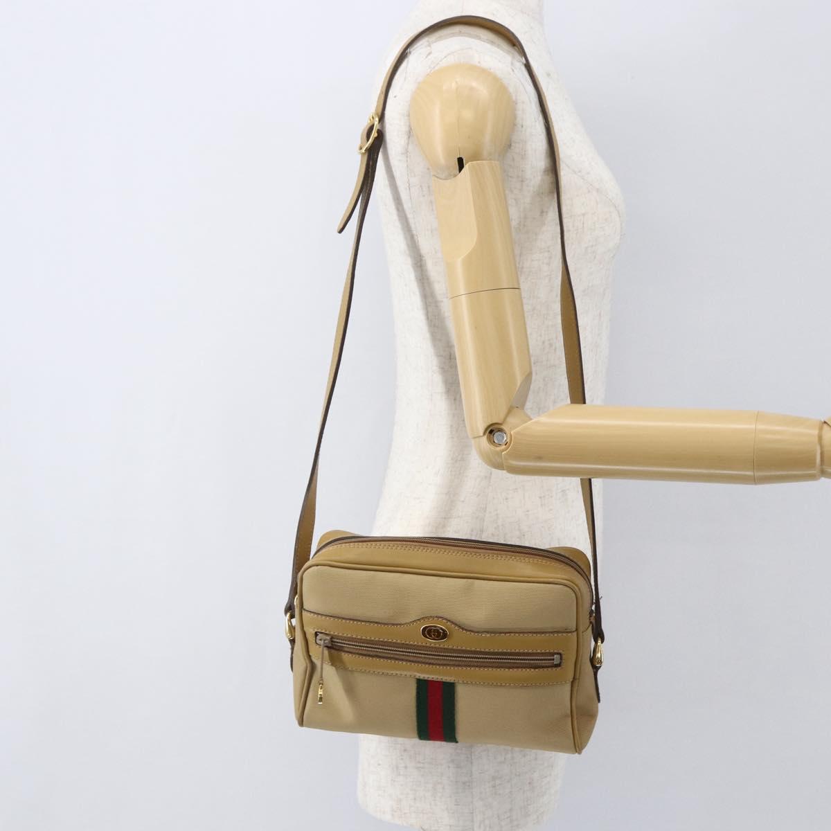 GUCCI Web Sherry Line Shoulder Bag Nylon Beige Gold Red 010 378 Auth 159085
