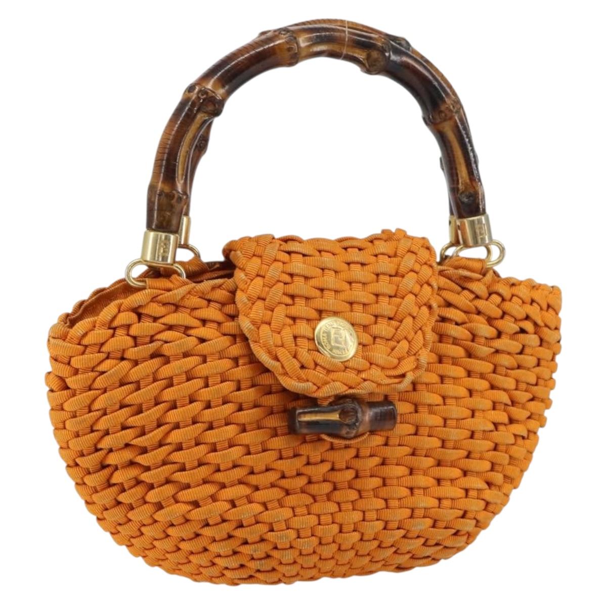 FENDI Bamboo Hand Bag Nylon Orange Gold Auth 159087