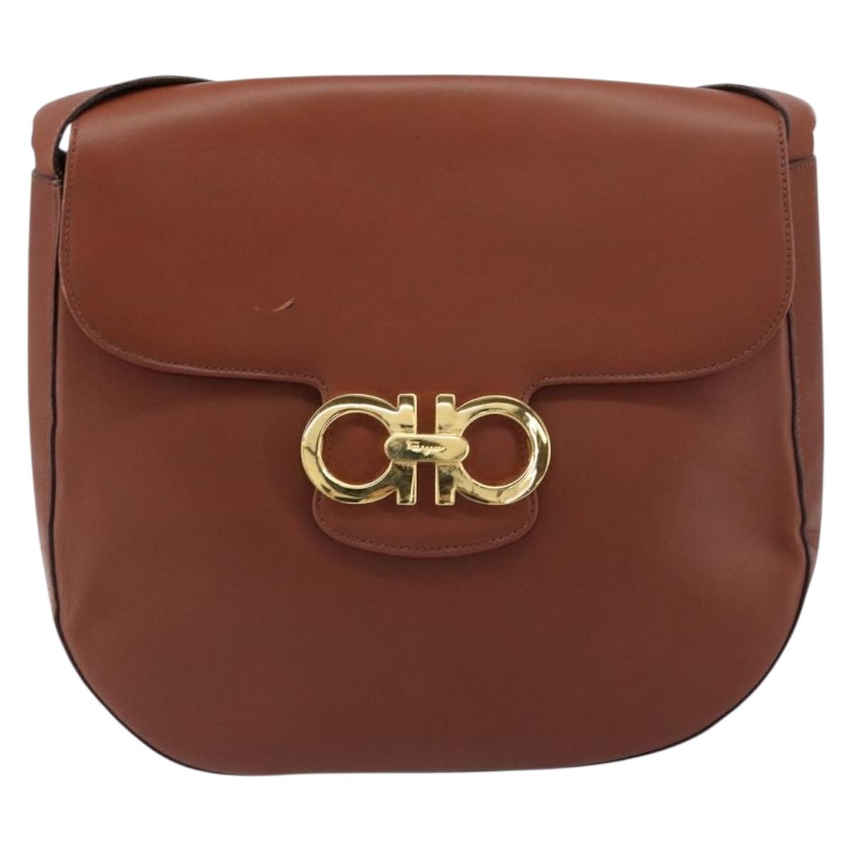 Salvatore Ferragamo Gancini Shoulder Bag Leather Brown Gold Auth 159139