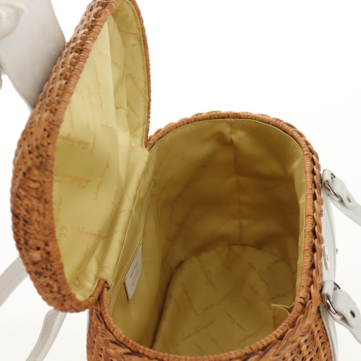 Salvatore Ferragamo Gancini Hand Bag Rattan Beige Silver Auth 159168V
