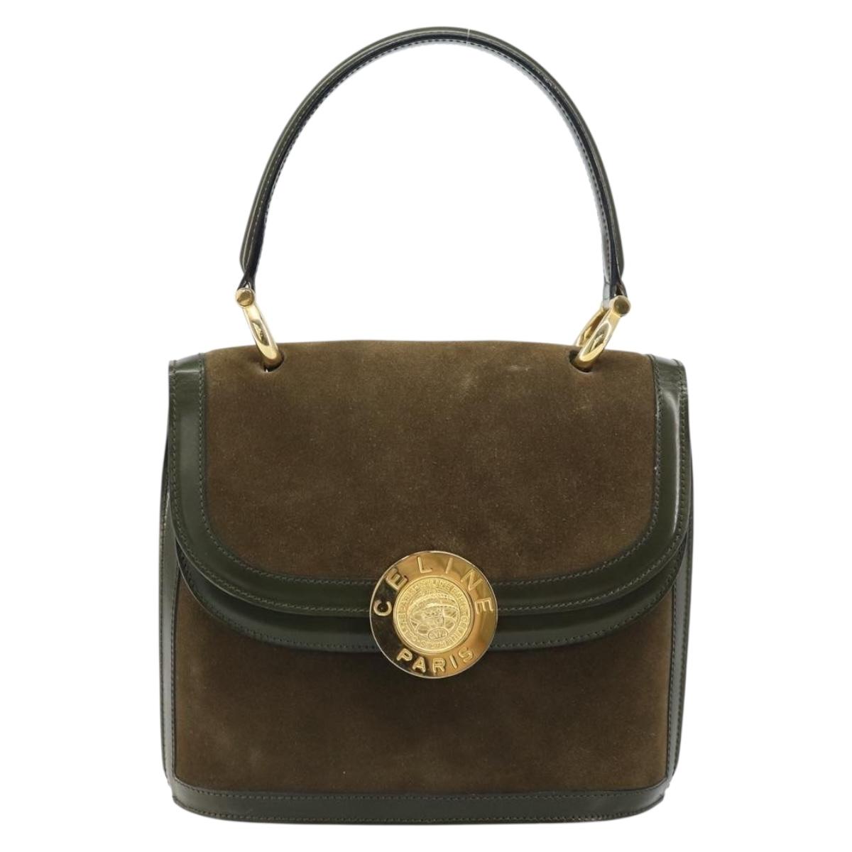 CELINE Hand Bag Suede Khaki Gold Auth 159231