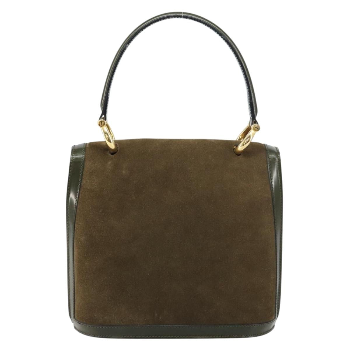 CELINE Hand Bag Suede Khaki Gold Auth 159231