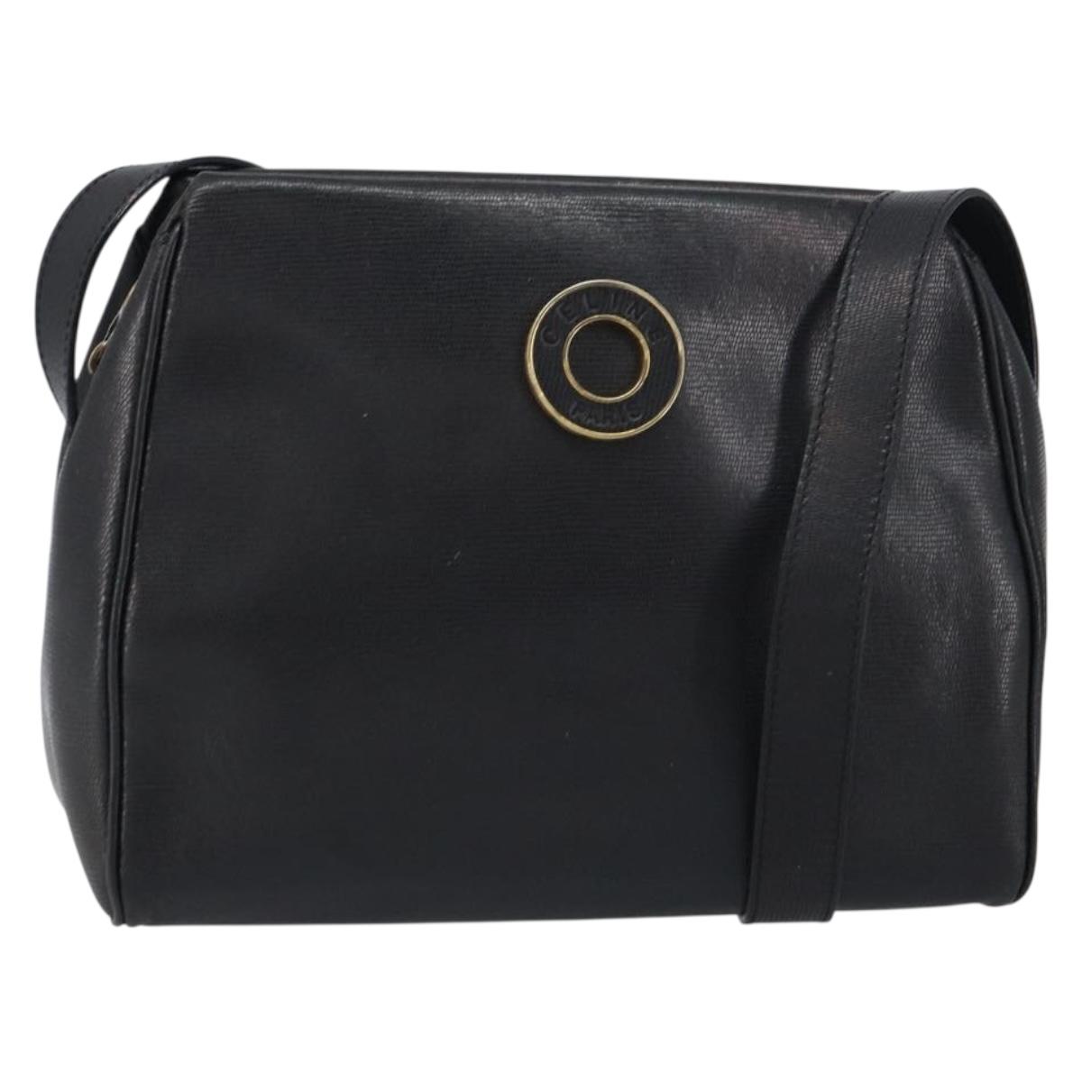 CELINE Circle Shoulder Bag Leather Black Gold Auth 159233