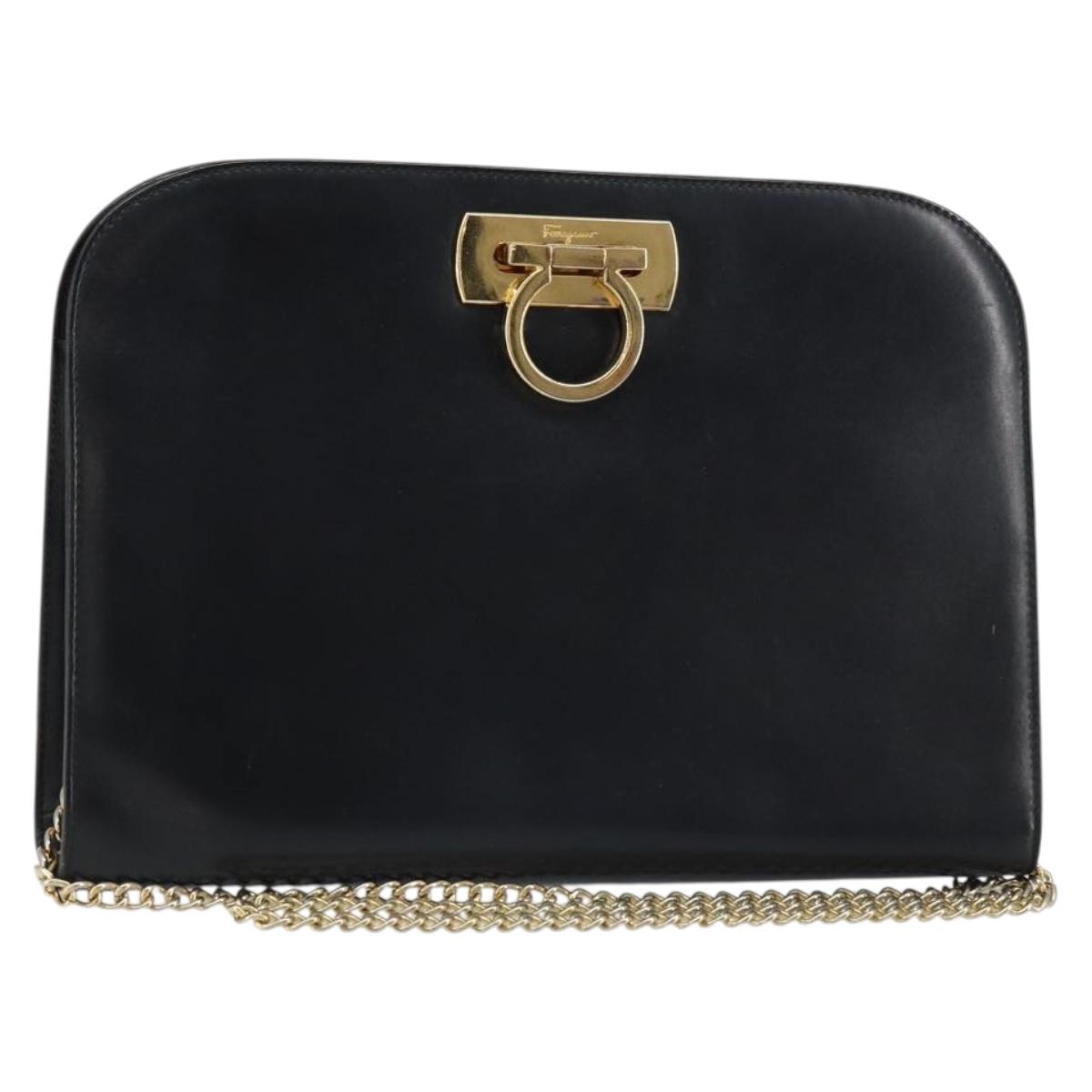 Salvatore Ferragamo Gancini Chain Shoulder Bag Leather Black Gold Auth 159235