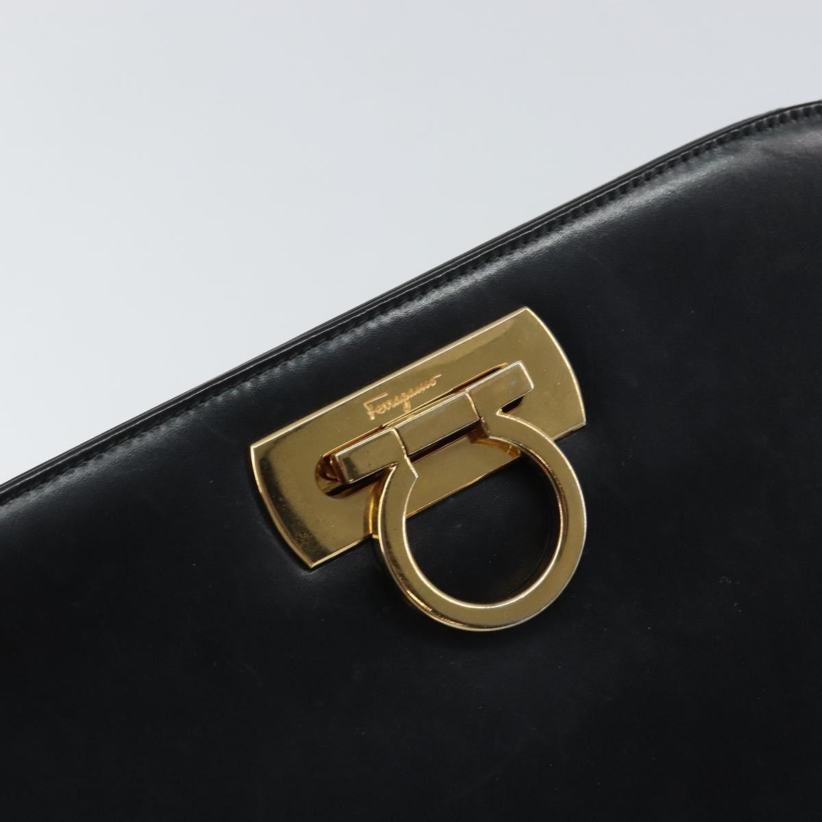 Salvatore Ferragamo Gancini Chain Shoulder Bag Leather Black Gold Auth 159235